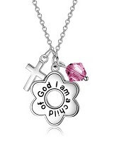 nice silver hot pink cross baby birthstone necklace